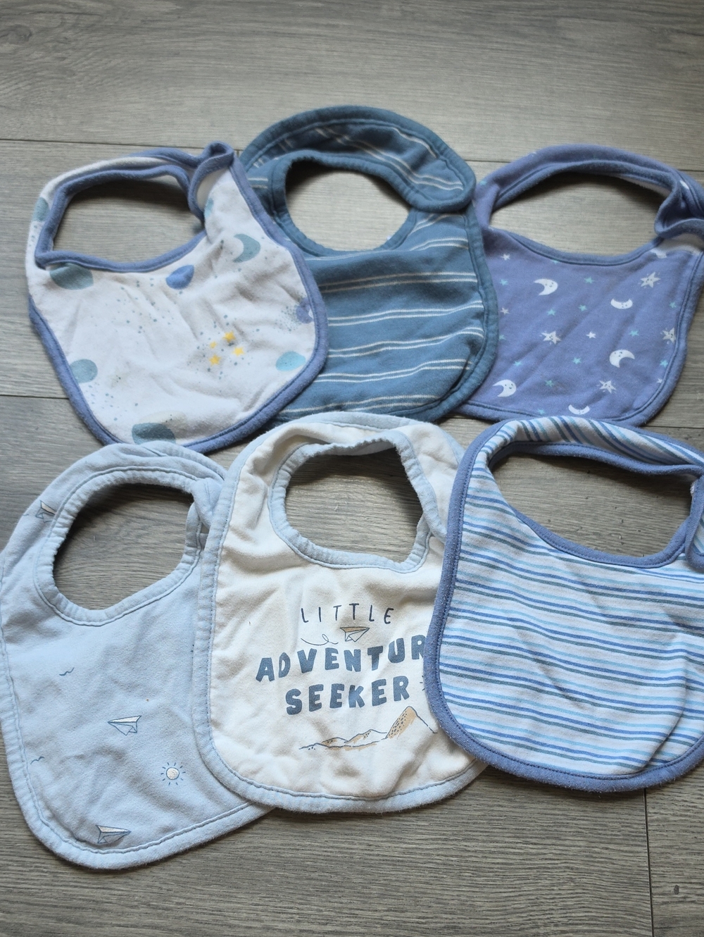 3/$6 Baby Bib Set - Blue & White Adventure Seeker Design 6 Pack